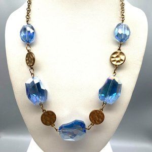 Vintage Sparkling Blue Crystal Necklace with Gold Tone Hammered Discs, Retro